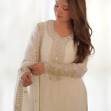 Off White Silk Embroidered Kurta Set