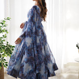 Ocean Blue Organza Floral Printed Anarkali Set