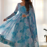 Sky Blue Organza Floral Printed Anarkali Set