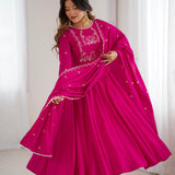 Dark Pink Chanderi Embroidered Anarkali Set