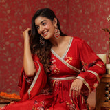 Bright Red Chinon Floral Printed Anarkali Set