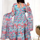 Azure Blue Organza Floral Printed Anarkali Set
