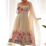 Light Cream Organza Floral Printed Anarkali Set
