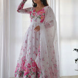 Cloud White Organza Floral Printed Anarkali Set