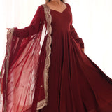 Blood Maroon Chanderi Solid Pattern Anarkali Set