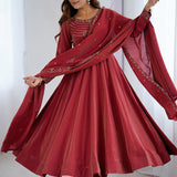 Royal Maroon Chanderi Embroidered Anarkali Set