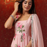 Soft Pink Chinon Floral Printed Anarkali Set