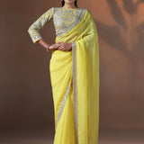 Soft Lime Yellow Organza Embroidered Saree