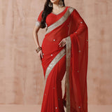 Crimson Red Georgette Embroidered Saree
