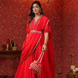 Scarlet Red Crepe Belt Draped Solid Dupatta Dress
