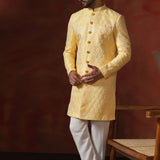 Light Yellow Cotton Blend Printed Sherwani Set