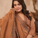 Chocolate Brown Russian Silk Embroidered Kurti Set