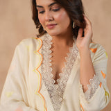 Off White Russian Silk Embroidered Kurti Set