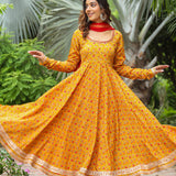 Corn Yellow French Crepe Printed Anarkali Set