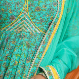 Turquoise Blue Cotton Floral Printed Anarkali Set