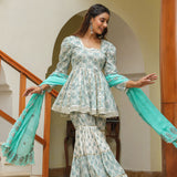 Fountain Blue Cotton Printed Gharara Set