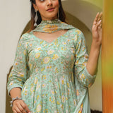 Mint Green Cotton Floral Printed Anarkali Set