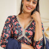 Tuna Blue Cotton Floral Printed Sharara Set