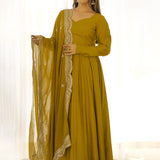 Bright Mehndi Chanderi Solid Pattern Anarkali Set
