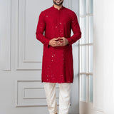 Dark Red Cotton Silk Embroidered Kurta Set