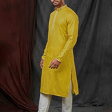 School Bus Yellow Jacquard Kurta Set With Shisha Work