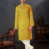 Bright Yellow Cotton Kurta Set With Embroidered Neck