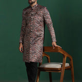 Dark Maroon Cotton Blend Printed Sherwani Set