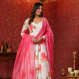 White Chanderi Floral Printed Anarkali Set