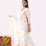 Ivory A-Line Block Printed Cotton Kurta And Palazzo Set