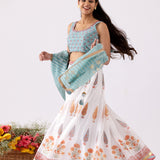 Foil Print Aqua Blue Chanderi Lehenga Set
