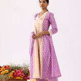 Block Print Cotton Lilac Anarkali With Palazzo Set