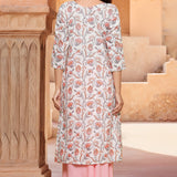 White Cotton Anarkali Kurti Set With Floral Print