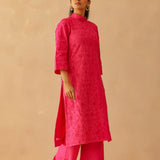 Fuchsia Pink Cotton Santoon Embroidered Kurti Set