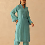 Teal Green Cotton Santoon Solid Kurti Set