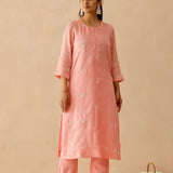 Peach Russian Silk Embroidered Kurti Set