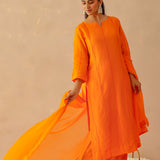 Bright Orange Russian Silk Solid Kurti Set