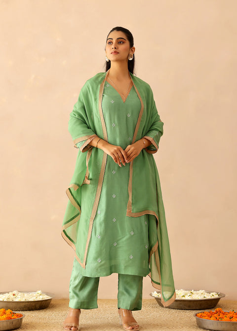 <img> Spring Green Russian Silk Subtle Embroidered Kurti Set