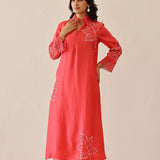 Coral Red Russian Silk Embroidered Kurti Set