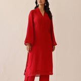 Crimson Red Cotton Santoon Solid Kurti Set