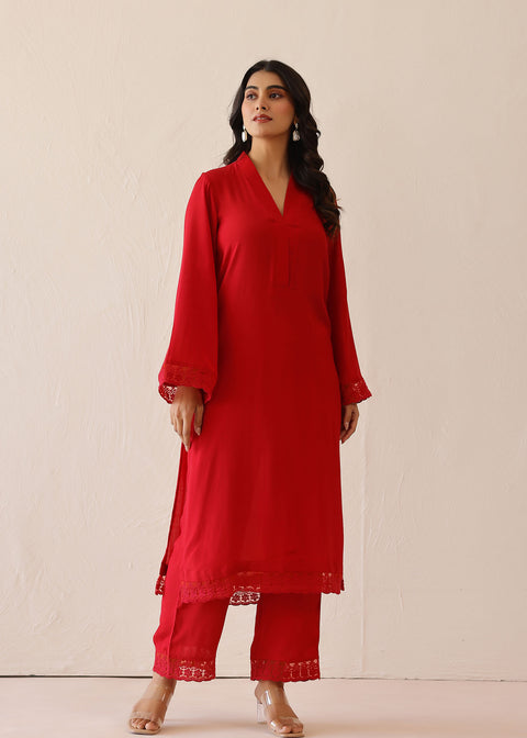 <img> Crimson Red Cotton Santoon Solid Kurti Set