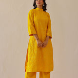 Golden Yellow Cotton Santoon Embroidered Kurti Set