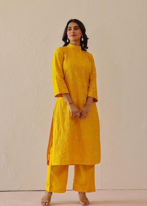 <img> golden yellow cotton santoon embroidered kurti set