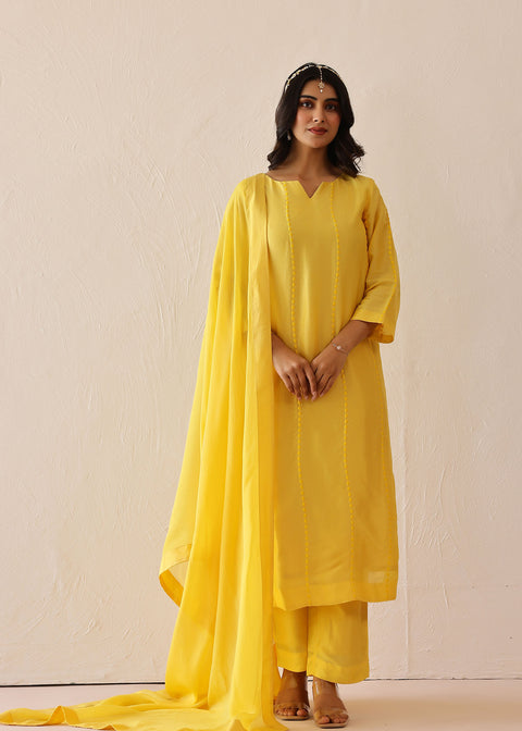 <img> Light Lemon Yellow Russian Silk Solid Kurti Set