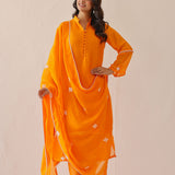 Bright Orange Russian Silk Solid Kurti Set