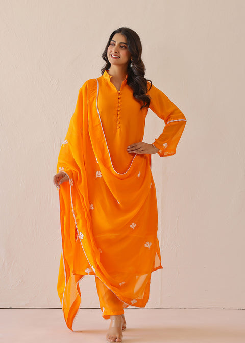 <img> Bright Orange Russian Silk Solid Kurti Set