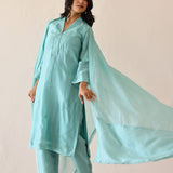 Aqua Blue Russian Silk Subtle Embroidered Kurti Set