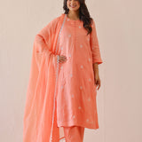 Salmon Pink Russian Silk Embroidered Kurti Set