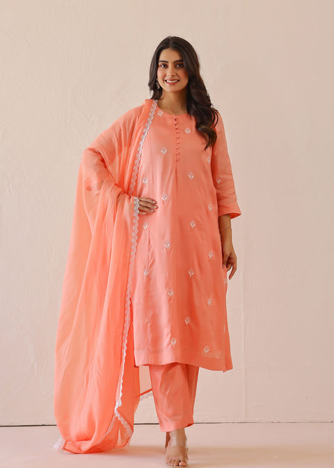 <img> Salmon Pink Russian Silk Embroidered Kurti Set