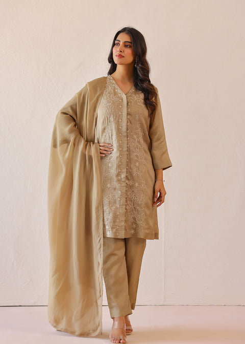 <img> Sage Green Russian Silk Embroidered Kurti Set
