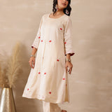 Off White Russian Silk Embroidered Kurti Set